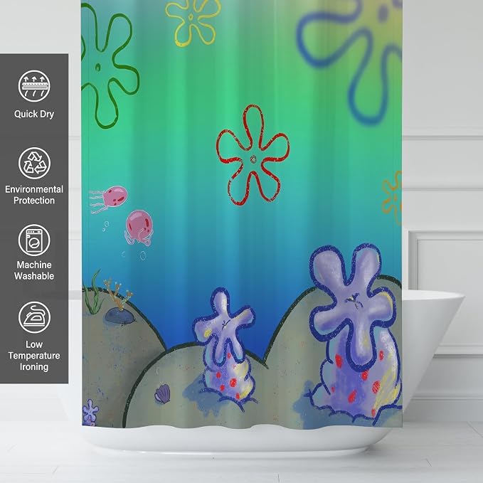 Gradient Green Ocean Cartoon Flower Shower Curtain Set 72x72 Inches | Vibrant Gradient Ocean Floral Print, Playful Underwater Decor, Fits Home Bathroom, Nice Gift for Kids and Animation Lovers