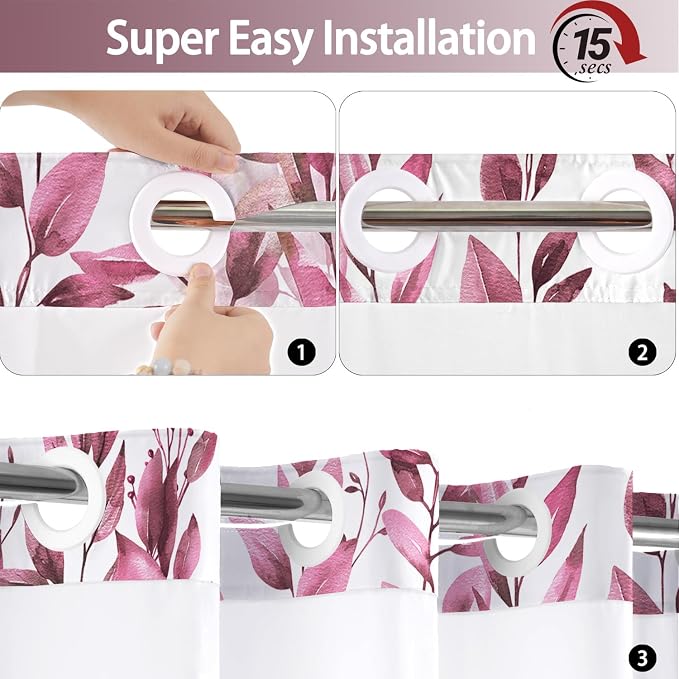 No Hook Shower Curtain and Liner Set, Dark Red Eucalyptus 71x77 | Floral Design, with Snap in Liner, See-Through Top Window, Waterproof, Machine Washable, Quick-Drying, for Hotel Bathroom