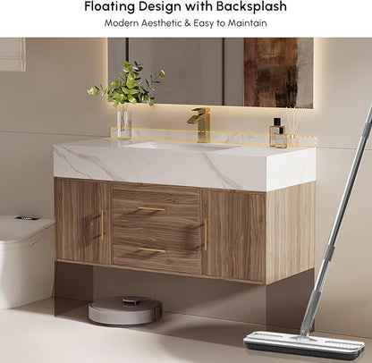 39.3" Floating Bathroom Vanity Set, Modern Wall-Mounted Vanity with Sintered Stone Countertop, Undermount Sink & Walnut Finish, Easy to Clean