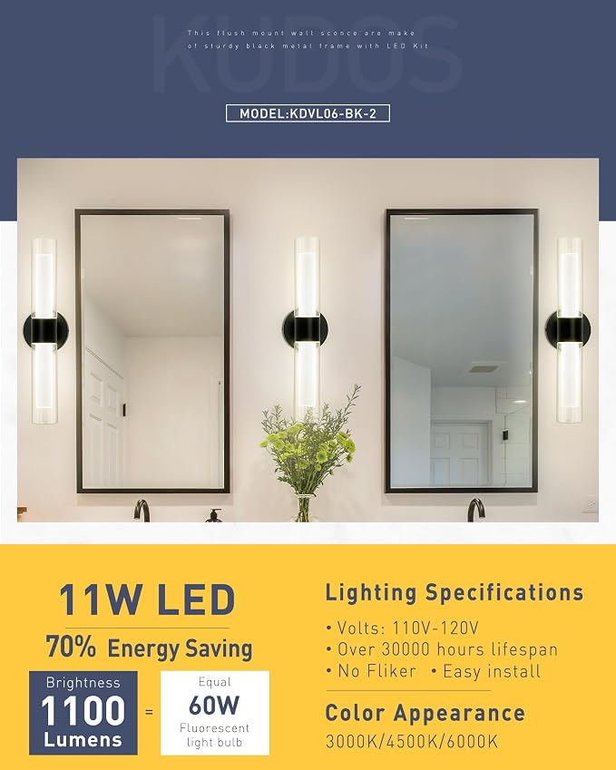 kudos Black LED Vanity Light, Clear and Frosted Glass, 3CCT, KDVL06-BK-2 | 11W,1100 Lumens, 3000K, 4500K and 6000K Selectable, Hardwired, for Bathroom, Bedroom and Over Mirror