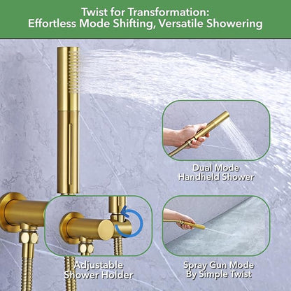 VANFOXLE Shower Faucet Set Brushed Gold Shower System, Push Button Diverter | 8 Inch Wall Mount Head, 2-in-1 Handheld Sprayer, 9 Inch Bathtub Waterfall Spout, Solid Brass Valve, Rust Resistant