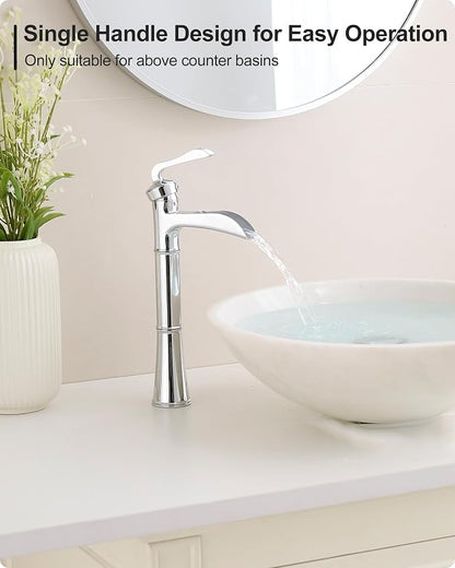 Brass Vessel Faucet, Waterfall Chrome Bathroom Faucet, Single Hole Tall Bathroom Faucets for Vessel Sinks, Single Handle Bathroom Sink Faucets with Pop-Up Drain & Supply Water Hoses, No Leaks