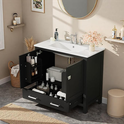 36" Freestanding Bathroom Vanity with Sink, Floor Stand Bathroom Storage Cabinet with Ceramic Sink, Doors with Double-Layered Storage Shelves, Modern Compact Vanity with Divided Drawer, Black