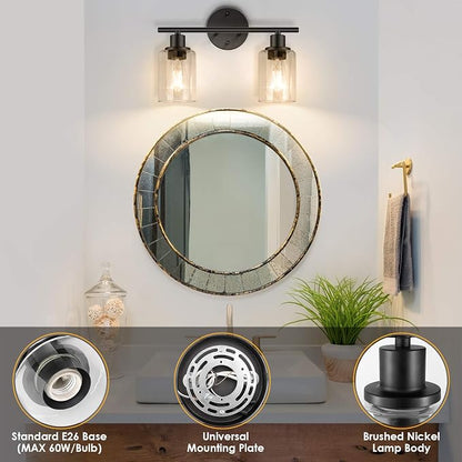 Bathroom Light Fixtures, 2 Light Black Vanity Light, Wall Sconces Lighting | Modern Bath Wall Mounted Lights with Glass Shade, Porch Wall Lamp for Mirror, Living Room, Bedroom, Hallway, Cabinet
