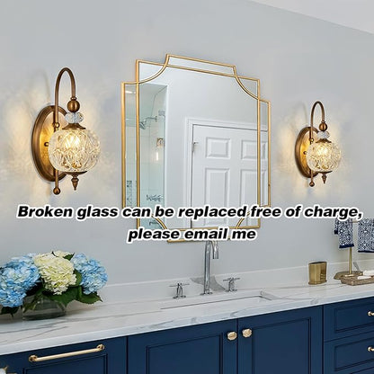 Vintage Gold Wall Sconce with Glass Globe Shade Mid Century Brushed Brass G9 Bulb Vanity Light Indoor Wall Light for Bathroom Farmhouse Bedroom Living Room Hallway