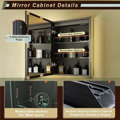 20 * 28 Left Hinge LED Bathroom Mirror Cabinet, Aluminum Medicine Cabinet | Light Adjustable, Sockets & USBs inside, Anti-Fog, Easy to Install