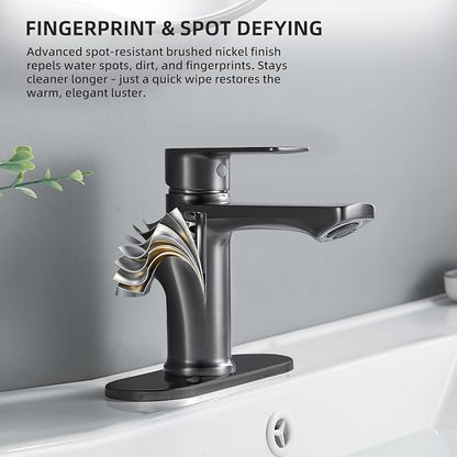 BELZ Grey Bathroom Faucet, Lead-Free 1 or 3 Hole (4") Vanity Sink Faucet | NSF372 Compliant, Anti-corrosion Coating, 6'' Single Handle Sink Faucet with pop-up drain & hot/cold hoses, Easy DIY Install