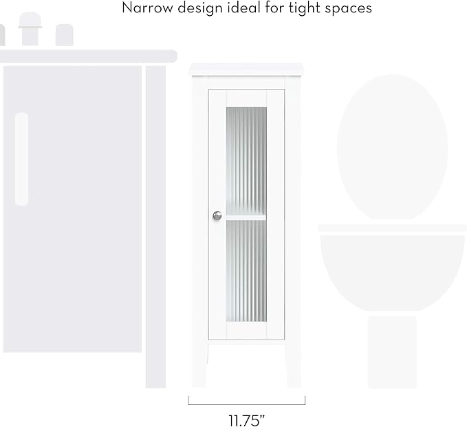 RiverRidge Prescott Slim Bathroom Linen Storage Cabinet, White | Versatile Narrow Organizer with Reeded Glass Door, Adjustable Shelves, Soft-Close Hinges