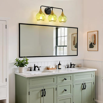 Black and Gold Bathroom Vanity Light 3-Lights Bathroom Light Fixtures Over Mirror with Green Clear Glass Shade 22.4 inch Wall Sconce Lighting Bath(Exclude E26 Bulb)