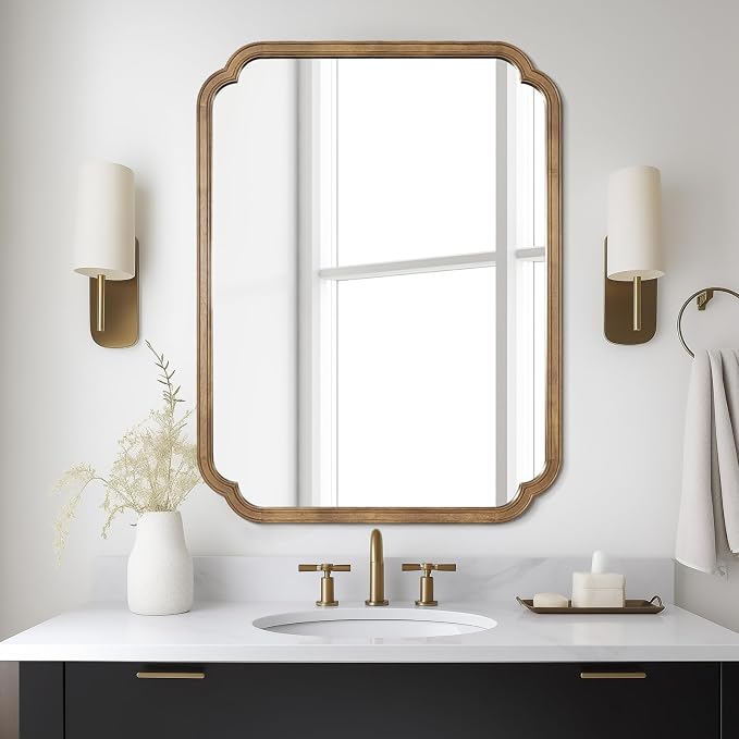 28" x 40" Rounded Corner Arch Wall Mirror with Wood Frame for Entryway, Living Room or Bedroom Home Decor - Light Woodgrain, Honey-Colored