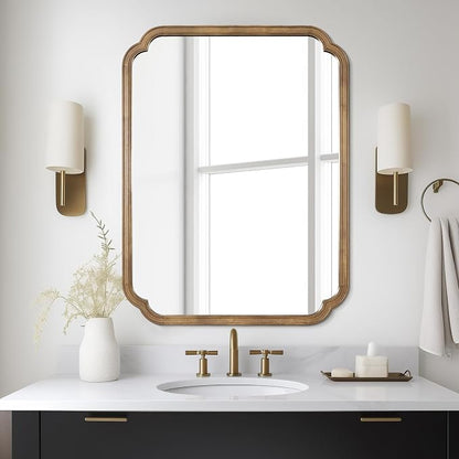 28" x 40" Rounded Corner Arch Wall Mirror with Wood Frame for Entryway, Living Room or Bedroom Home Decor - Light Woodgrain, Honey-Colored