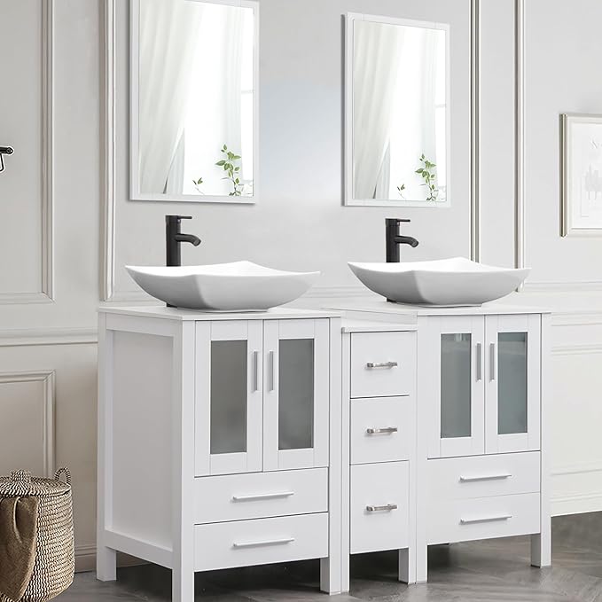 UEV 60" Double Sink Bathroom Vanity,White Bathroom Vanity with Double Side Vanity Cabinets & Removable 3 Drawer Storage Cabinet,Modern Vessel Sink Combo,Mirror Not Included(032WH)