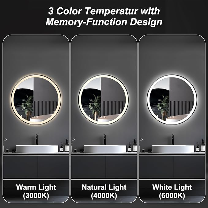 DUMOS 30 Inch Round LED Bathroom Mirror with Lights, Circle Vanity Mirror with Anti-Fog, Dimmable, 3-Color Light, Memory Function, Tempered Glass
