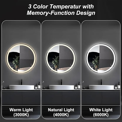 DUMOS 30 Inch Round LED Bathroom Mirror with Lights, Circle Vanity Mirror with Anti-Fog, Dimmable, 3-Color Light, Memory Function, Tempered Glass