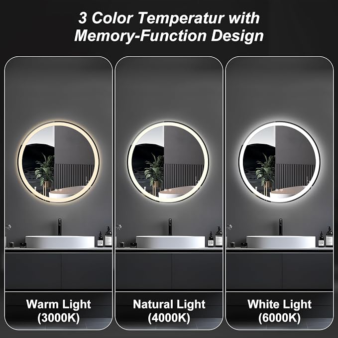 NEWBULIG 30'' Round LED Bathroom Mirror with Lights, Circle Vanity Mirror | Anti-Fog, Dimmable, 3-Color Light, Front Light and Backlit, Memory Function, Tempered Glass