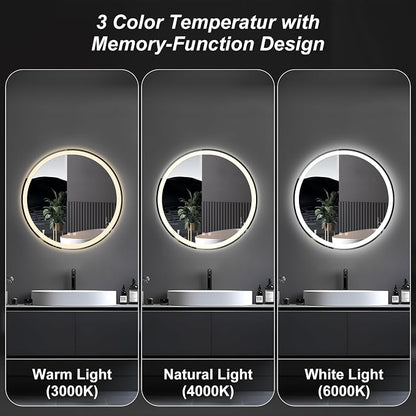 NEWBULIG 30'' Round LED Bathroom Mirror with Lights, Circle Vanity Mirror | Anti-Fog, Dimmable, 3-Color Light, Front Light and Backlit, Memory Function, Tempered Glass