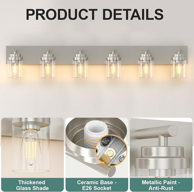 IZORRO Bathroom Vanity Light Fixture, 6-Light 46 Inch Brushed Nickel Bathroom Light Fixtures Over Mirror, with Clear Glass Shade, Modern Farmhouse Vanity Lights, Rustic Restroom Lighting Fixtures