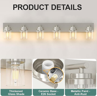 IZORRO Bathroom Vanity Light Fixture, 6-Light 46 Inch Brushed Nickel Bathroom Light Fixtures Over Mirror, with Clear Glass Shade, Modern Farmhouse Vanity Lights, Rustic Restroom Lighting Fixtures