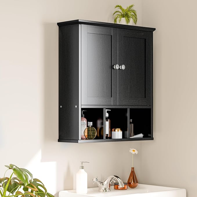 Bathroom Wall Cabinet, Bathroom Cabinet Wall Mount with 2 Doors and 3 Open Shelves, Over the Toilet Wood Medicine Cabinets for Laundry Room, Black