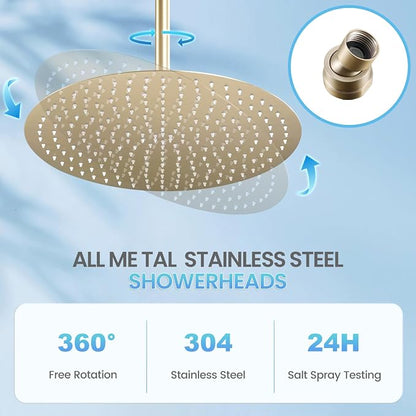 16 inch Brushed Gold Round Rain Shower Head, All Metal Stainless Steel 304, Ultra Thin Design, Full Body Rainfall Shower with 230 Silicone Nozzles