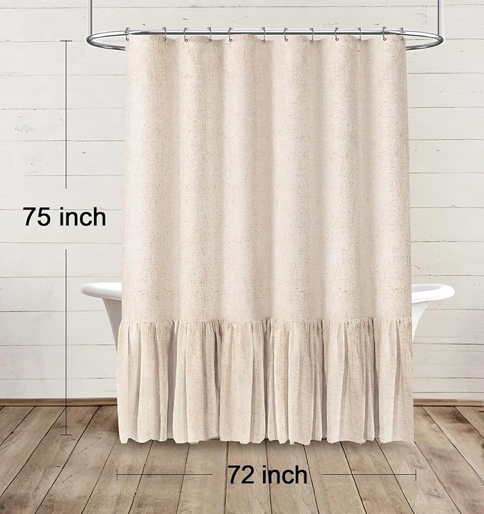 Farmhouse Shower Curtain Ruffle Linen Beige 72" W x 75" L | Linen Fabric, Farmhouse Boho, Bottom Ruffle, Rustic, Country, Natural Look, Washable, Shower Curtain for Bathroom Bathtub