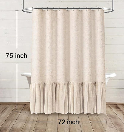 Farmhouse Shower Curtain Ruffle Linen Beige 72" W x 75" L | Linen Fabric, Farmhouse Boho, Bottom Ruffle, Rustic, Country, Natural Look, Washable, Shower Curtain for Bathroom Bathtub