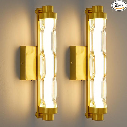 15.4" Gold Wall Sconces Set of 2, Modern Bathroom Sconces Wall Lighting with Ripple Glass Shade, 5CCT Dimmable LED Vanity Light 14W for Mirror, Bedroom, Hallway, Entryway