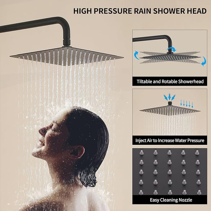 Exposed Shower System 10" Matte Black Rainfall Shower Head with 2 Modes Handheld and Tub Faucet Set, Square Shower Head 3 Functions Outdoor Shower Fixtures with Brass Valve, Height Adjustable
