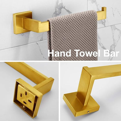 5-Piece Brushed Gold Bathroom Hardware Accessory Set Including 24inch Towel Bar Toilet Paper Holder Towel Holder Robe Hook Premium SUS 304 Stainless Steel Wall Mounted Square Style,Rustproof