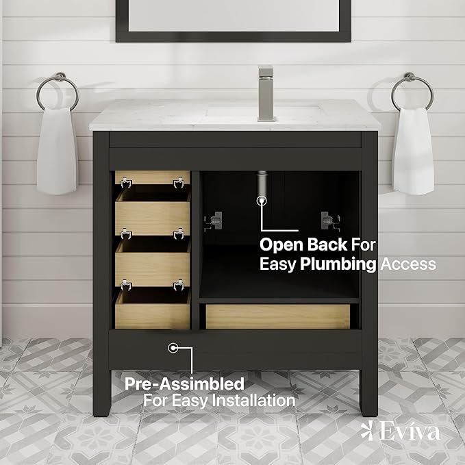 Eviva London 36 Inch Bathroom Vanity With Sink - Espresso Single Sink Bathroom Vanity - 36 In Bathroom Vanities & Stylish Bathroom Sink Cabinet W Quartz Countertop & Porcelain Sink For Optimal Storage