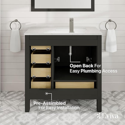 Eviva London 36 Inch Bathroom Vanity With Sink - Espresso Single Sink Bathroom Vanity - 36 In Bathroom Vanities & Stylish Bathroom Sink Cabinet W Quartz Countertop & Porcelain Sink For Optimal Storage
