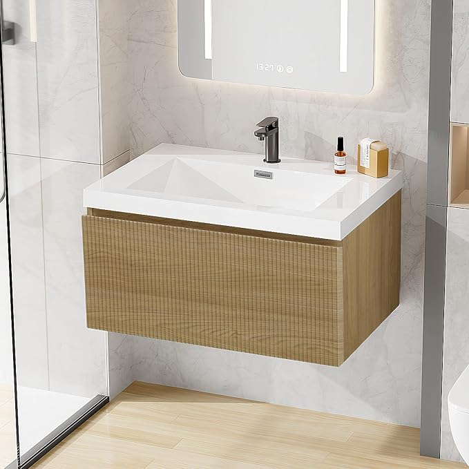 30 Inch Floating Bathroom Vanity with Sink, Modern Oak Wall Mounted Floating Vanity with Glossy Resin Sink, Soft Closing Drawer, Fully Pre Assembled Bathroom Vanity, Natural Oak