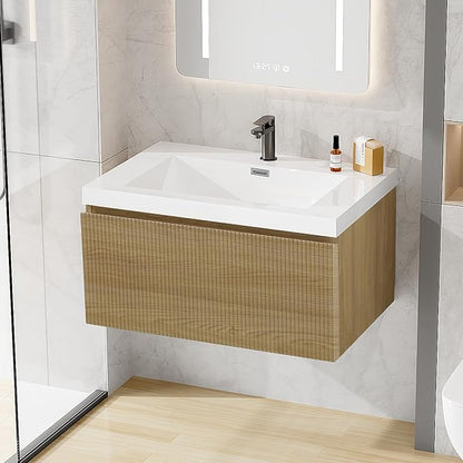 30 Inch Floating Bathroom Vanity with Sink, Modern Oak Wall Mounted Floating Vanity with Glossy Resin Sink, Soft Closing Drawer, Fully Pre Assembled Bathroom Vanity, Natural Oak