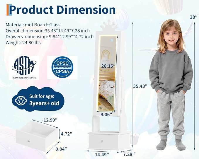 GarveeHome Kids Jewelry Armoire,Child Jewelry Cabinet with Light,Freestanding Jewelry Organizer with Full Length Mirror,3 Storage Drawer,Kids Vanity Dress Up Mirror Jewelry Cabinet for Girls(White)
