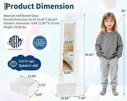 GarveeHome Kids Jewelry Armoire,Child Jewelry Cabinet with Light,Freestanding Jewelry Organizer with Full Length Mirror,3 Storage Drawer,Kids Vanity Dress Up Mirror Jewelry Cabinet for Girls(White)