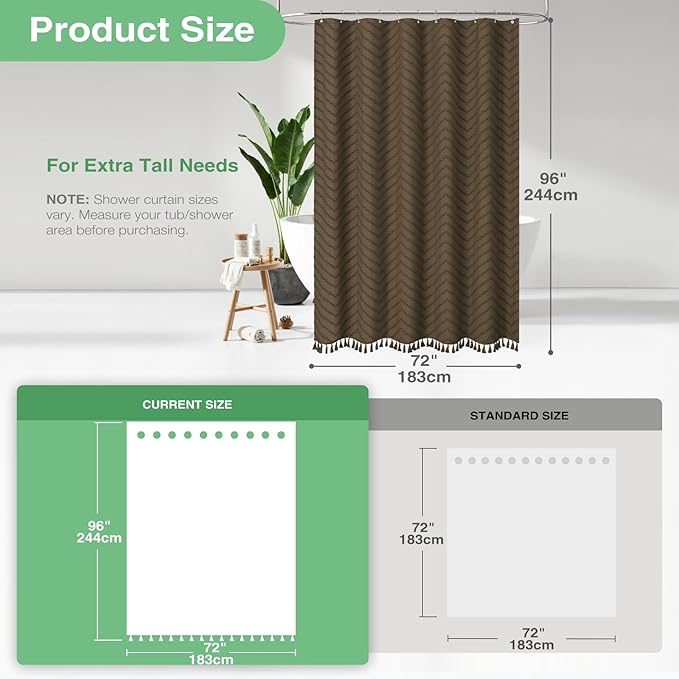 Dynamene Extra Long Shower Curtains, 96 Inches Long Boho Tufted Chevron Striped Fabric Shower Curtains for Bathroom, Tall Minimalist Waterproof Cloth Shower Curtain Set with 12 Hook, Brown, 72x96