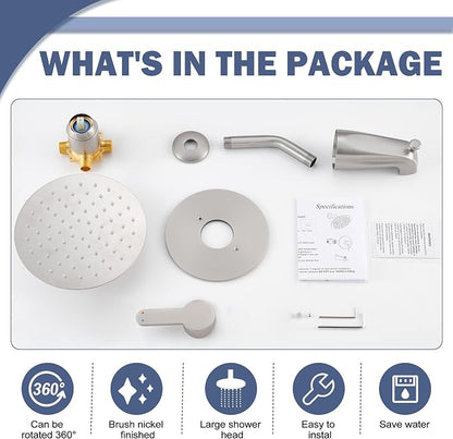 Tub Shower Faucet, Brushed Nickel Shower Faucet Set with 8-Inch All-Metal Rainfall Showerhead and Bathtub Spout, Single-Handle Tub Shower-Trim Kit Included Valve, Brushed Nickel