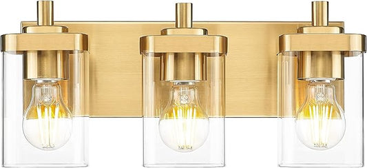 Bathroom Light Fixtures Over Mirror, 3-Light Brushed Gold Vanity Light with Square Clear Glass Shade, Modern Wall Sconces, Vanity Lighting Fixtures, VL194-BG-3