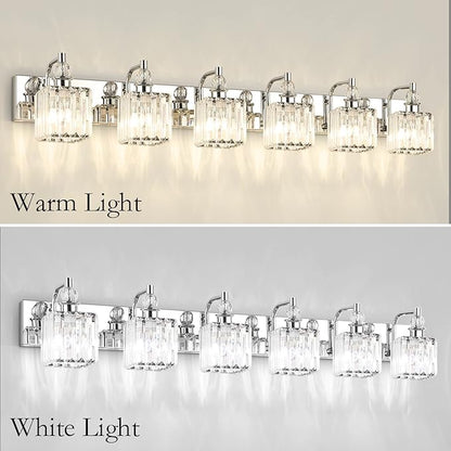 Ralbay Crystal Vanity Light 6 Light 48''Modern Chrome Bathroom Vanity Lighting Over Long Mirror Crystal Bathroom Wall Lighting Fixtures