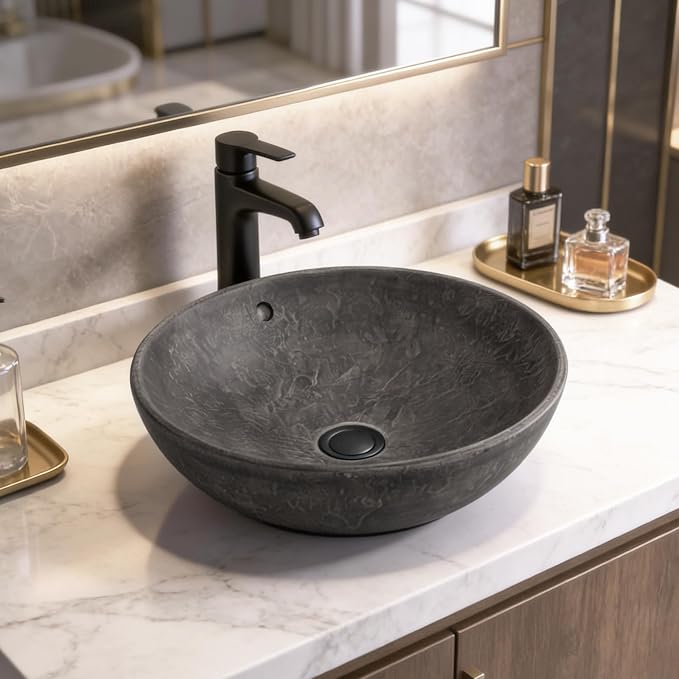 Ceramic Vessel Sink, Retro Round, 16.9" with Overflow | Handmade Wood-Grain Finish, Above Counter Install, Drain 1-3/4", Depth 6.5", Splash Guard, Scratch-Resistant, Easy Clean