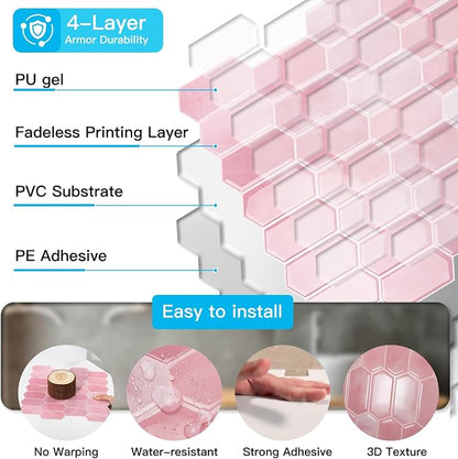 Art3d 10-Sheet Heavy-Duty Peel and Stick Backsplash, Self-Adhesive Vinyl Wall Tiles for Kitchen Countertop Bathroom, Pink (Pack of 2)