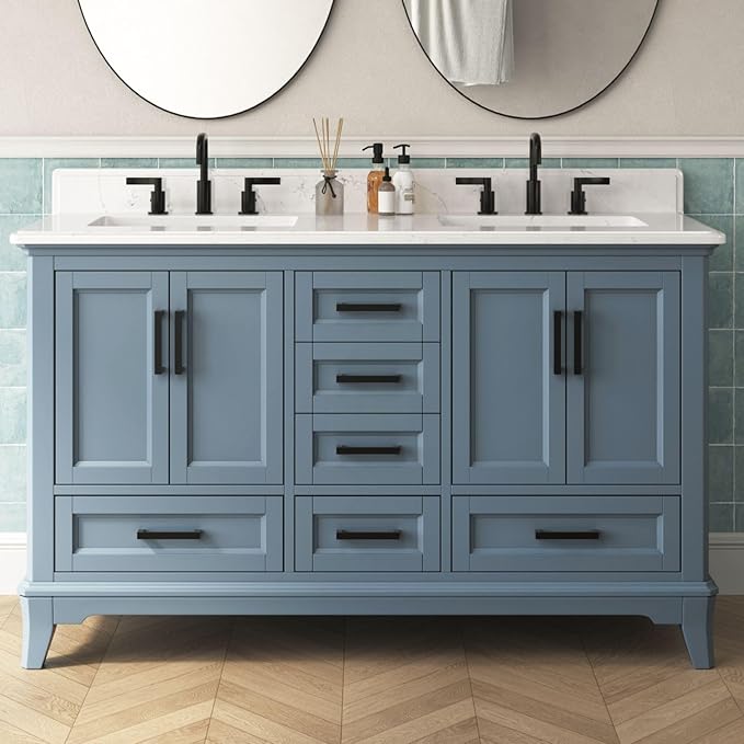 60 Inch Bathroom Vanity with Double Sink, Modern Solid Wooden Frame Bathroom Sink Cabinet with Soft Closing Doors & Dovetail Drawers, Quartz Countertop, Adjustable Feet, Steel Blue