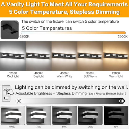 SOLFART 4 Lights Bathroom Vanity Lighting Over Mirror,5 Color Temperature Adjustable Matt Black Vanity Light, LED Light Fixtures, Light Over Mirror