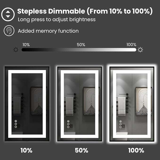 LED Bathroom Mirror, 72"X40" Front Lit and Backlit with Black Frame | Metal Framed Mirror, Stepless Dimmable, HD Reflection, Anti-Fog, Shatter-Proof, Memory, 3 Colors Lighting, UL Listed.
