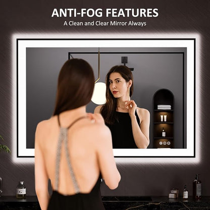 LOAAO 48"X32" LED Bathroom Mirror Black Framed | Anti-Fog, Dimmable, Memory Function, Tempered Glass, Lighted Vanity Mirror for Wall