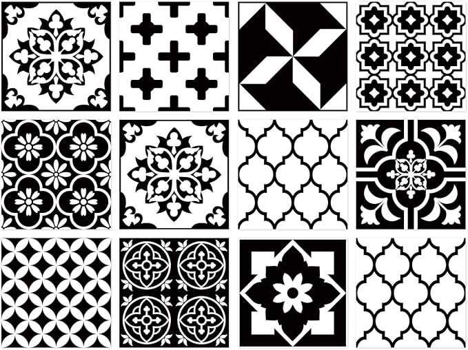 Easy Peel Stick Vinyl wall Tile Decals 6x6in Stick on backsplash,12Pc | Waterproof&heat resistant tile stickers for kitchen RV laundry backsplash decor,remove no damaging,black white tile