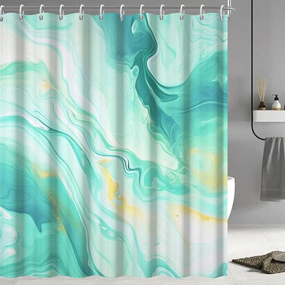 Turquoise Shower Curtain, Modern Teal and Gold Marble Shower Curtain for Bathroom Aesthetic Waterproof Shower Curtain Set with Hooks, 72x72 Inch