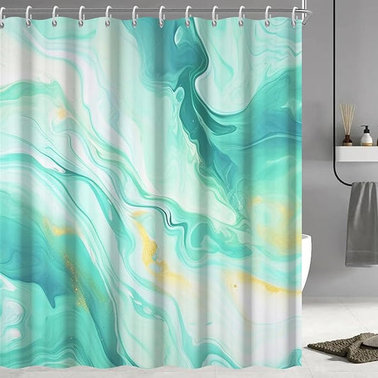 Turquoise Shower Curtain, Modern Teal and Gold Marble Shower Curtain for Bathroom Aesthetic Waterproof Shower Curtain Set with Hooks, 72x72 Inch