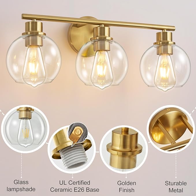 22" Bathroom Light Fixtures, 3-Lights Bathroom Vanity Light Over Mirror with Clear Glass Shade, Modern Gold Wall Sconce Vanity Lighting for Bath, Kitchen, Living Room, Hallway