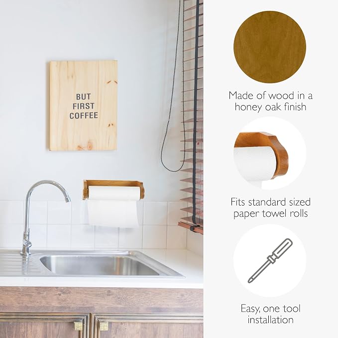 Design House Dalton Paper Towel Holder, Wall Mount, Easy Installation, Wood, Honey Oak, Durable, 13.4 in, 13.75 in W x 4.6 in L x 3.5 in H, Item 561233 | Wall Mount, Rustic, Wood, Hardware, 561233